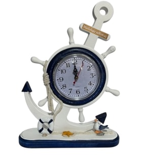 Kişiye Özel Dekoratif Marin Ahşap Dümen Çapa Masa Saati – Nautical Tarz 33x22 cm (Beyaz)