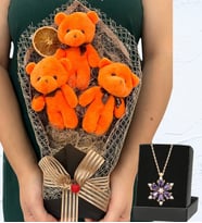 Büyük Boy 3'lü Peluş Ayıcık Buketi ve Gerçek Ametist Taşlı Lotus Kolye (Model 4)