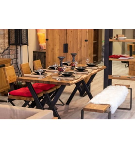 NTConcept Dalgalı Kenar Banklı Loft Sandalyeli Doğal Ahşap Yemek Masası Takımı (Bank + 2 Sandalye)