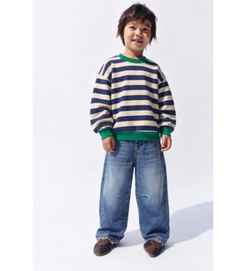 Lacivert Çizgili, Yeşil Ribanalı Sweatshirt ve Bol Paça Kot Pantolonlu Erkek Çocuk 2’li Takım - Yesil-Lacivert