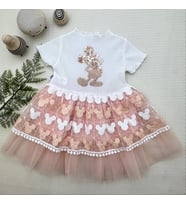 1-2-3 Yaş Payetli  Baskılı Brode Etekli Kız Bebek Elbisesi Pudra