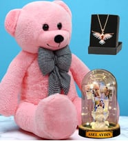 Büyük Boy Pembe Peluş Ayıcık, Kişiye Özel Led Işıklı Fanus ve Renkli Zümrüdü Anka Kuşu Kolye (Model 2)