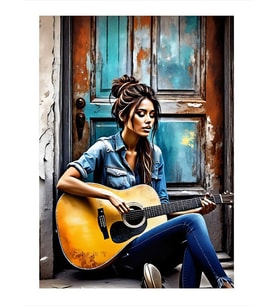 Akustik Gitar Çalan Kız Desenli Mdf Tablo