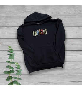 Explore Göğüs Baskılı Unisex Oversize Siyah Sweatshirt