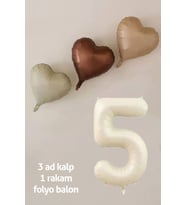 5 Yaş Doğum Günü Retro Pastel Parti Balon Seti 3 Adet Retro Kalp Balon 5 Rakam Krem Folyo Balon