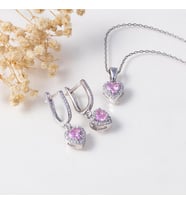 Gümüş Pazarım Pembe Taşlı Kalp Gümüş Set