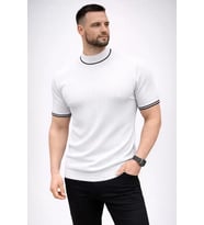 Erkek Fitilli Triko Dokuma Kısa Kol Tişört Yarım Boğaz Modern Yazlık T-Shirt - Beyaz