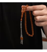 Sıkma Kehribar 925 Ayar Gümüş Tesbih (Bej)