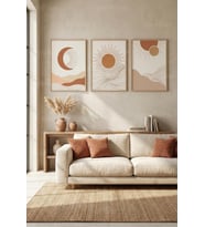 Bohem Minimalist Güneş Ay Doğa Manzaraları 3’lü Ahşap Çerçeveli Tablo Seti