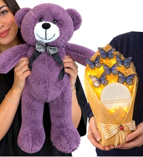 Büyük Boy Mor Peluş Ayıcık ve Led Işıklı Aynalı Mavi Kelebek Buketi Hediye Seti