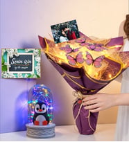 Kişiye Özel Fotoğraflı Led Işıklı Kelebek Buketi & Renkli Işıklı Penguenli Fanus