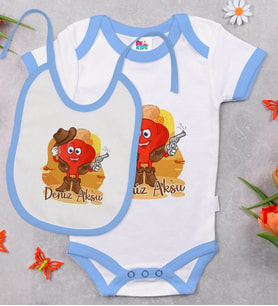 BK Kids Kişiye Özel Sevimli Kovboy Tasarımlı Mavi Bebek Body Zıbın ve Mama Önlüğü Hediye Seti-2