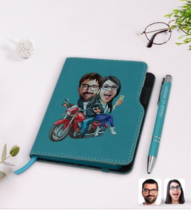 BK Gift Kişiye Özel Sevgililer Karikatürlü Turkuaz Termo Deri Defter Kalem Seti-97