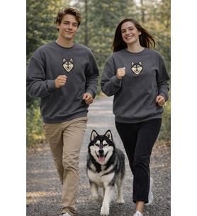 Siberian Husky Köpek Desenli Sevgili Sweatshirt – Unisex Çift Kombini (Gri)