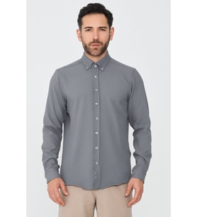 Gri Mikro Desenli Dynamic Fit Uzun Kollu Gömlek