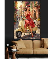 Scooter Üstünde Pin-Up Kız Dekoratif Kanvas - Mdf Ahşap Tablo