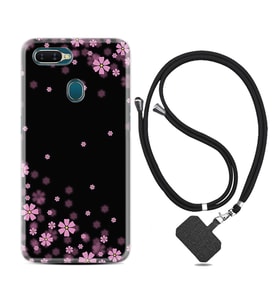 Oppo A5S A15 A16 A54 A55 A73 A74 Kılıf Boyun Askılı Silikon Black flowers 1391
