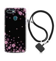 Oppo A5S A15 A16 A54 A55 A73 A74 Kılıf Boyun Askılı Silikon Black flowers 1391