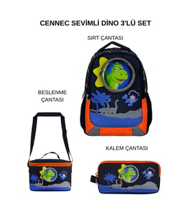 Cennec Sevimli Dino Okul Çantası Seti – Sırt Çantası + Termal Beslenme Çantası + Kalem Çantası