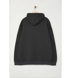 Büyük Beden Bol Kapüşonlu Standart Kol Geniş Kesim İçi Polar Sıcak Tutan Nakışlı Sweatshirt (Antrasit)