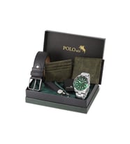 Polo Air Erkek Kol Saati Kemer Cüzdan Kartlık Anahtarlık Çakmak Hediyelik Kutusunda Yeşil Set PL-7047E3 (Yeşil-Grı)