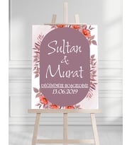 Söz Nişan Düğün İçin 50x70 Karşılama Panosu - Mor Çiçek Desenli 003