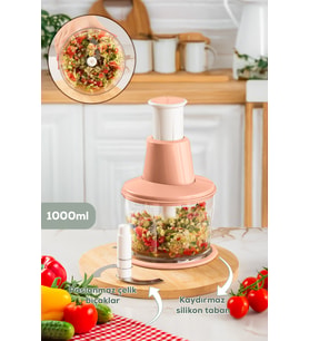 Porsima 232-1 Basmalı Pratik El Rondosu 3 Bıçaklı Blender Doğrayıcı 1000ml Pembe