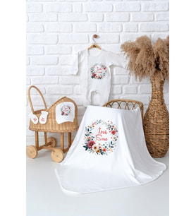 Pia Baby Premium  %100 Pamuk İsme Özel Kız Bebek Battaniye Tulum Hastane Çıkışı Hediye Seti 5067-05 (Ekru)