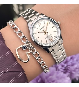 Casio Çelik Kordon,Gümüş Renk,  Beyaz Kadran, Kadın Kol Saati + Kalp Bileklik