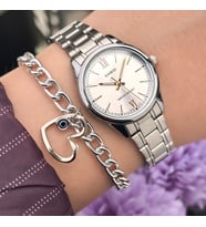 Casio Çelik Kordon,Gümüş Renk,  Beyaz Kadran, Kadın Kol Saati + Kalp Bileklik
