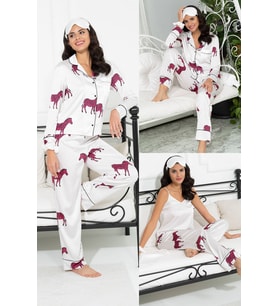6'lı Zebra Desen Ekru Saten Pijama Takımı