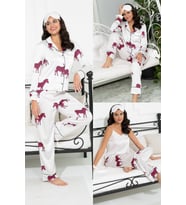 6'lı Zebra Desen Ekru Saten Pijama Takımı