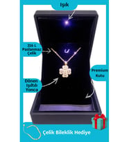 Işıklı Premium Kutuda  Dönen Yonca Çelik Kolye Gold Renk  316l Çelik - Kararmaz  Hediye Paketi