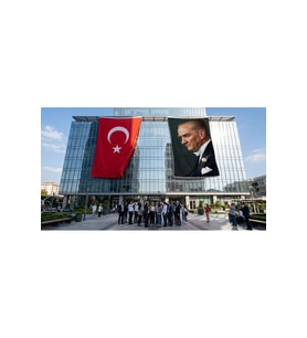 Sivil Mustafa Kemal Atatürk Portre Bayrak ve Türk Bayrağı Premium Raşel Kumaş 2'li Set 10x15 metre ATA50