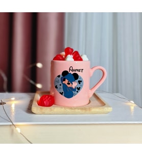 Mickey Mouse Tasarımlı Kişiye Özel Pembe Türk Kahvesi Fincanı