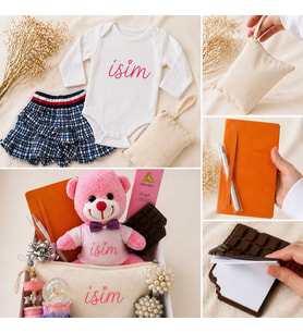 Kişiye Özel Bebek Hediye Kutusu – İsim Baskılı Zıbın, Pembe Ayıcık, Ekose Etek ve Mini Kar Küresi Seti