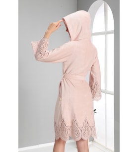 Pudra Dantelli Bambo Cotton Bayan Bornozu (Pudra)