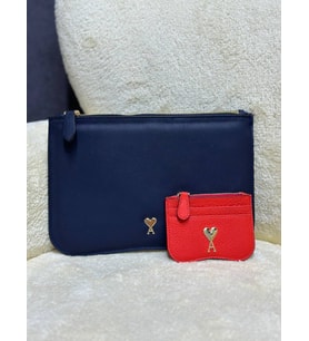 Kadın AA+ Kalite Clutch Çanta + Kartlık Set (Lacivert-Turuncu)