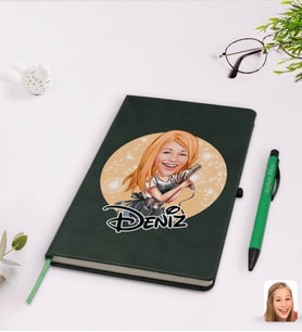 BK Gift Kişiye Özel Kadın Kuaför Karikatürlü Yeşil Termo Deri Defter Kalem Seti Model 2