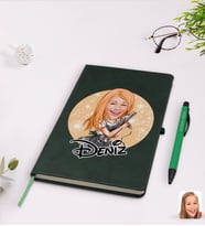 BK Gift Kişiye Özel Kadın Kuaför Karikatürlü Yeşil Termo Deri Defter Kalem Seti Model 2