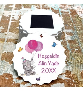 Magnet Hediyelik - Kız Bebek Pembe Balonlu Sevimli Fil Tasarım