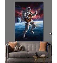 Uzayda Gitar Çalan Karizmatik Astronot Dekoratif Kanvas - Mdf Ahşap Tablo