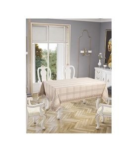 Dantelli Keten Efektli Leke Tutmaz Lüks Masa Örtüsü 160x220 Cm Bej (Çok Renkli)