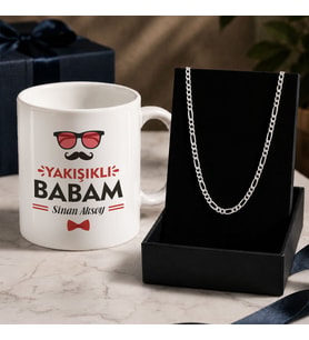 BK Gift Kişiye Özel Babalar Günü Tasarımlı Beyaz Kupa & Figaro Zincir Kolye -5, Babalar Günü Hediyesi