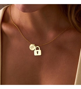 Kişiye Özel Kilit Charm Minimal Harf Kolye 925K Gümüş (Gold)