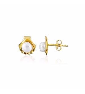 İstiridye İncili Altın Küpe Çivili 14K Gold