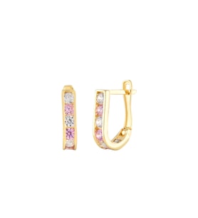 MOOM MÜCEVHERAT Kadın 14 Ayar Altın Küpe Minimalist Zirkon Taşlı Pembe Modern Altın Küpe 13 mm