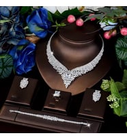 Clavel Zirkon Taşlı Takı Seti Kolye Küpe Bileklik Yüzük Set Düğün Nişan Seti (Silver)
