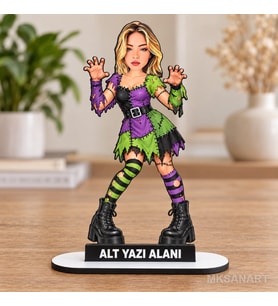 Cadılar Bayramı Karikatür MDF Temalı Kişiye Özel Karikatürlü 18 cm MDF Masaüstü Biblo - Masaüstü Hediye Kadın