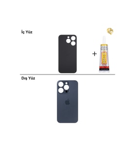 iPhone 15 Pro Gece Mavisi Arka Kapak Arka Cam Batarya Kapağı Lazer Kesim Kapak Pil Kapağı + B-7000 Yapıştırıcı